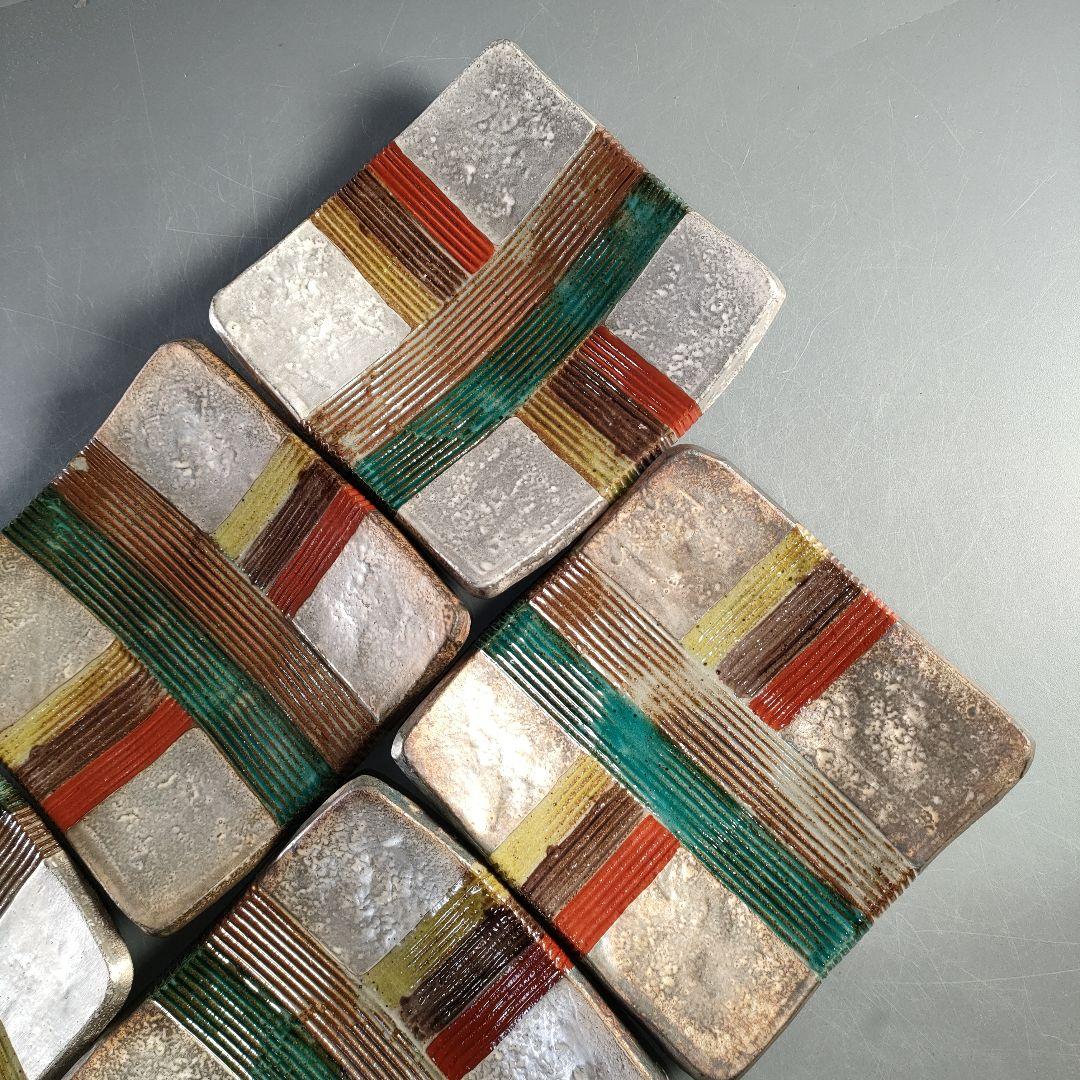 A1366-1/北大路魯山人写/祥山窯/美食道楽 色絵銀彩糸巻文四方皿5客/共箱