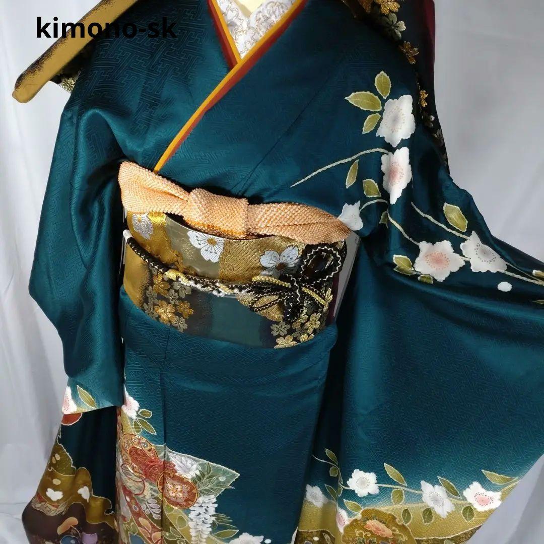 着物　g　振袖フルセット　振袖　駒刺繍　金彩　成人式　卒業式　緑