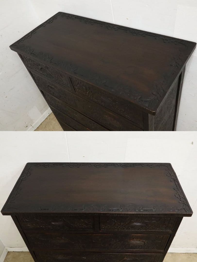 伝統工芸【軽井沢彫り】整理箪笥【桜絵柄彫刻】ヴィンテージ・チェスト・民芸家具