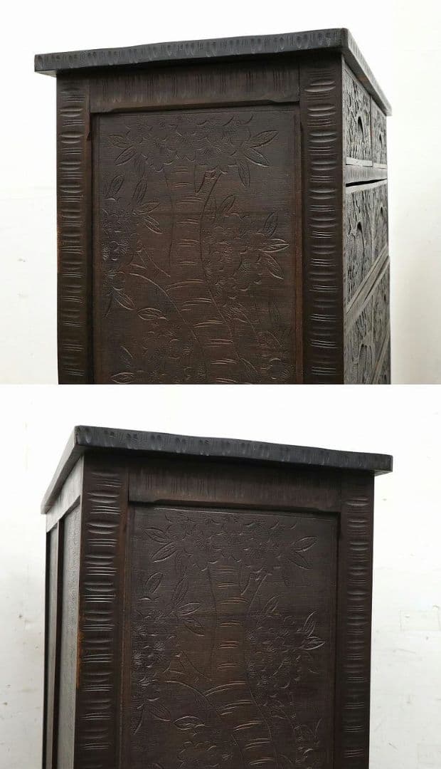 伝統工芸【軽井沢彫り】整理箪笥【桜絵柄彫刻】ヴィンテージ・チェスト・民芸家具