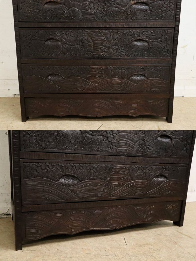 伝統工芸【軽井沢彫り】整理箪笥【桜絵柄彫刻】ヴィンテージ・チェスト・民芸家具