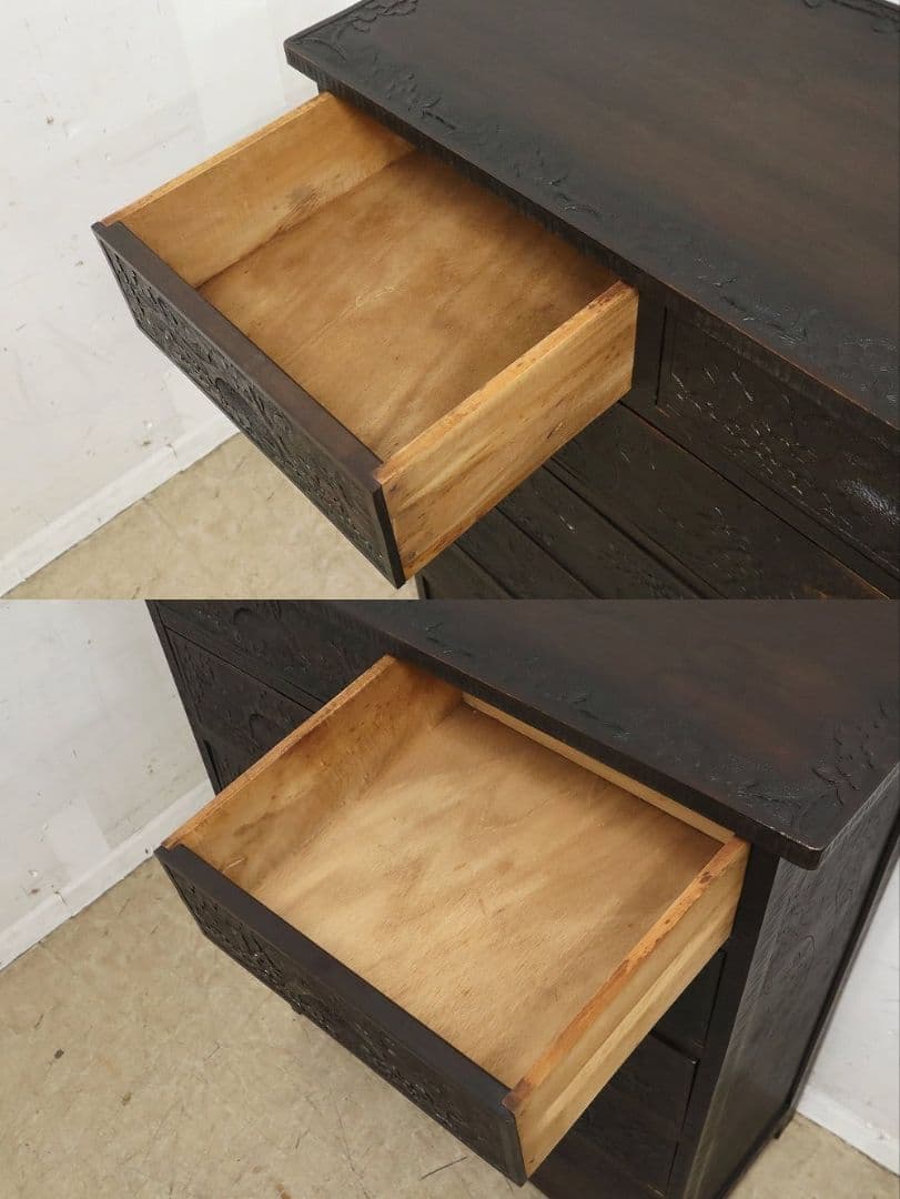 伝統工芸【軽井沢彫り】整理箪笥【桜絵柄彫刻】ヴィンテージ・チェスト・民芸家具