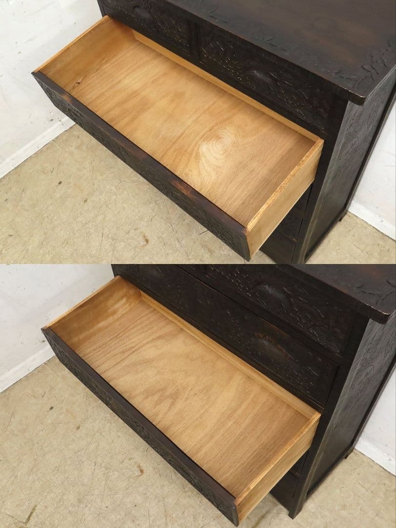 伝統工芸【軽井沢彫り】整理箪笥【桜絵柄彫刻】ヴィンテージ・チェスト・民芸家具