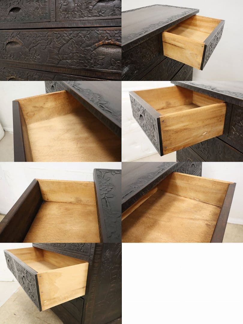 伝統工芸【軽井沢彫り】整理箪笥【桜絵柄彫刻】ヴィンテージ・チェスト・民芸家具