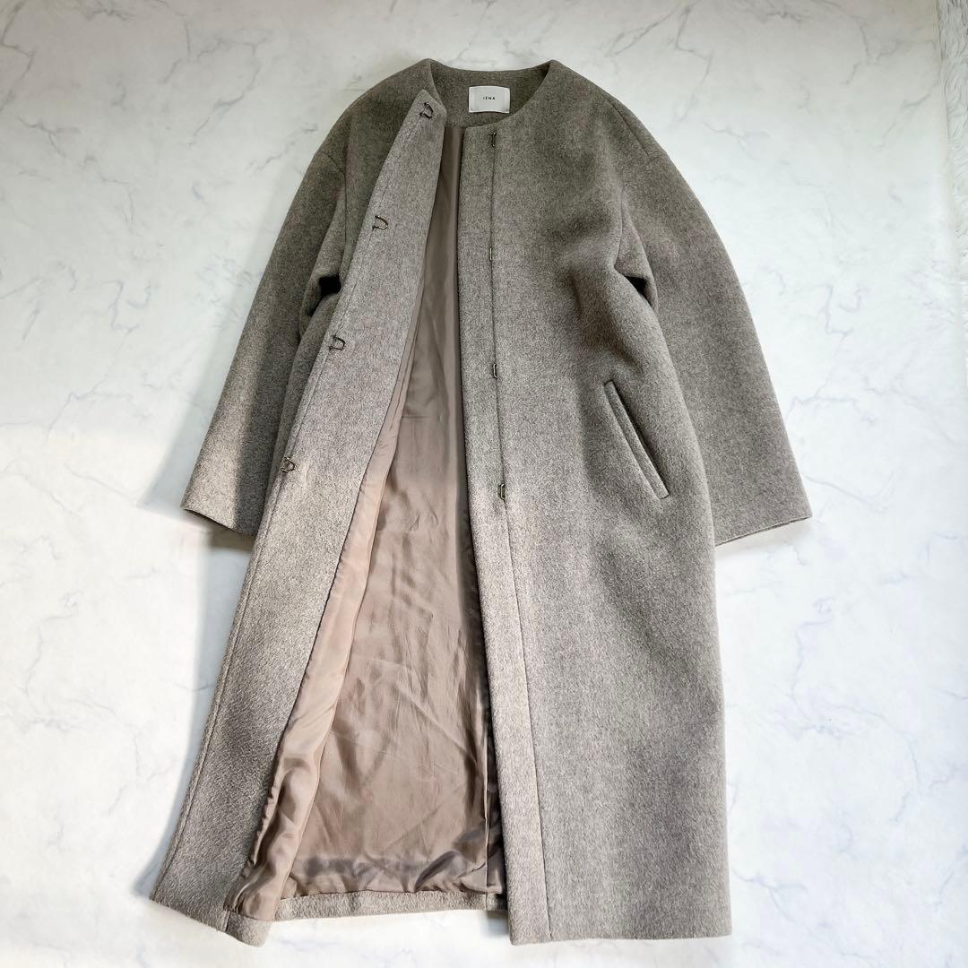 美品 IENA イエナ ラムウール ノーカラーロングコート ベージュ 36