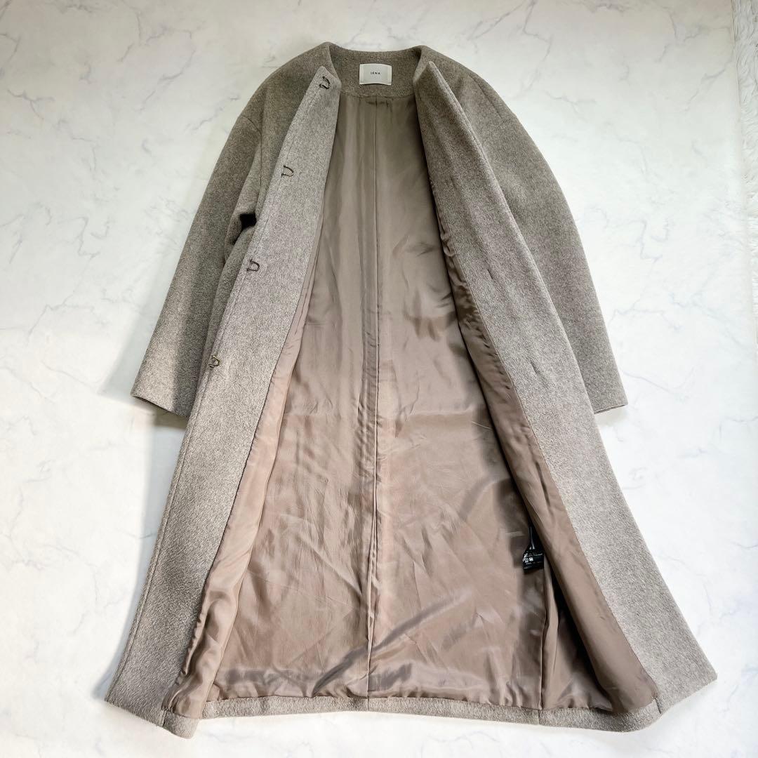 美品 IENA イエナ ラムウール ノーカラーロングコート ベージュ 36