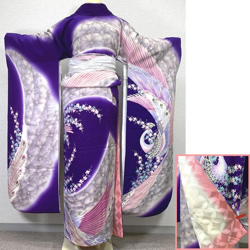 508z20〇ふくよかサイズ 振袖 銀彩 孔雀 紫〇美品 成人式 結婚式