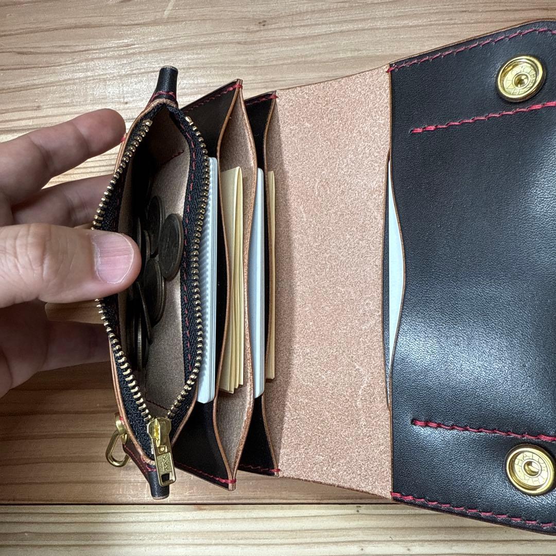 栃木レザー 丘染 ミドル トラッカーウォレット カスタム サドルレザー 真鍮