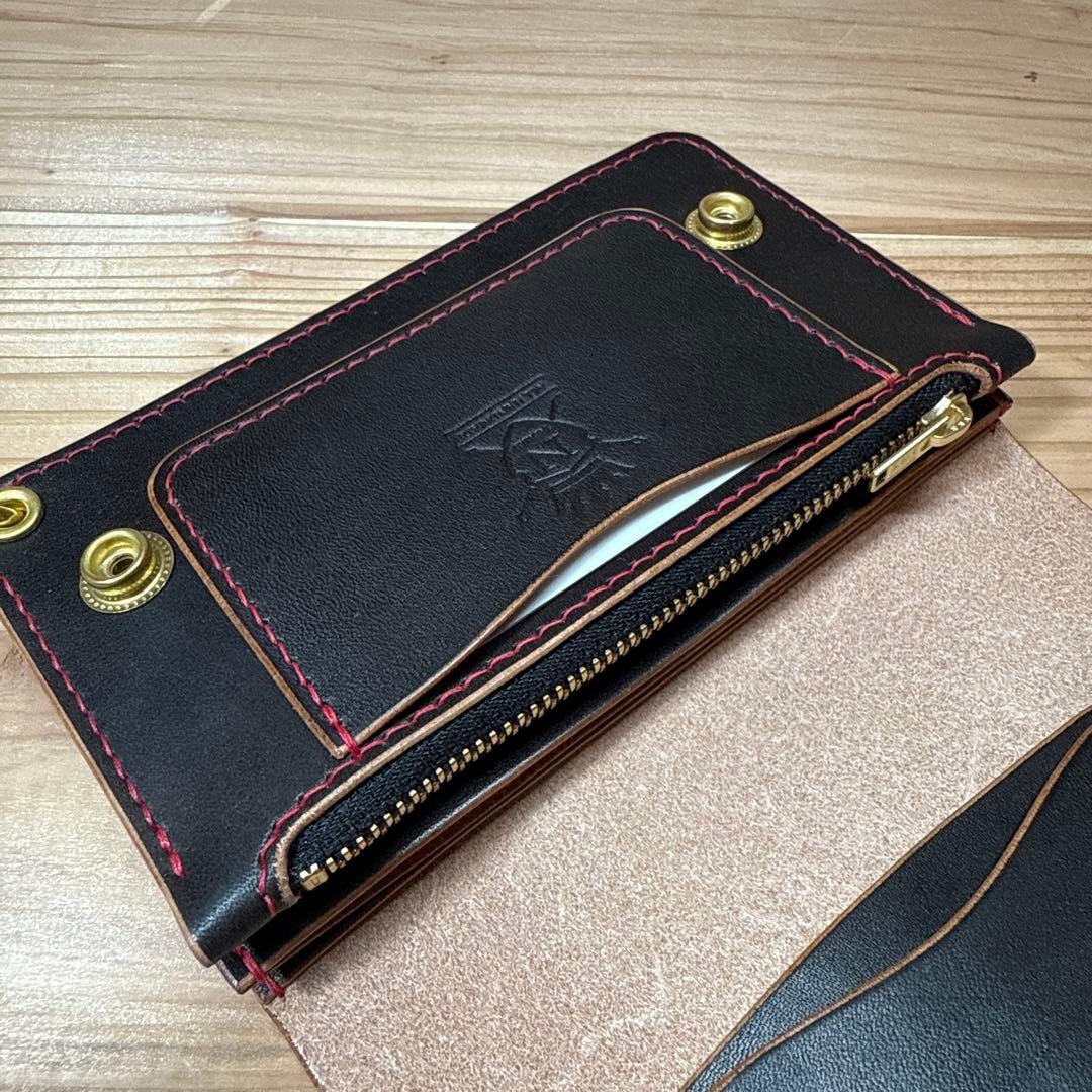 栃木レザー 丘染 ミドル トラッカーウォレット カスタム サドルレザー 真鍮