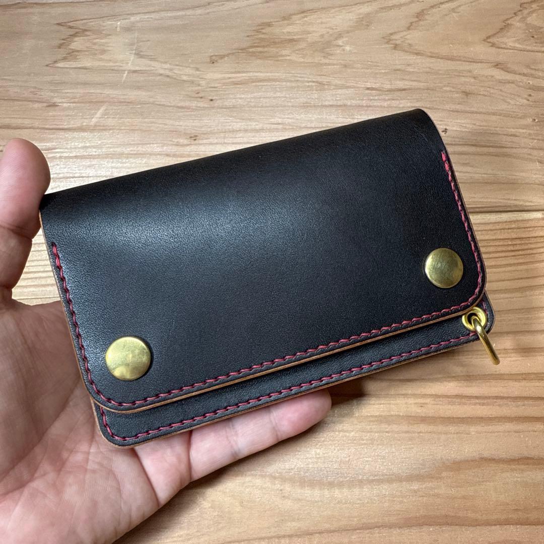 栃木レザー 丘染 ミドル トラッカーウォレット カスタム サドルレザー 真鍮