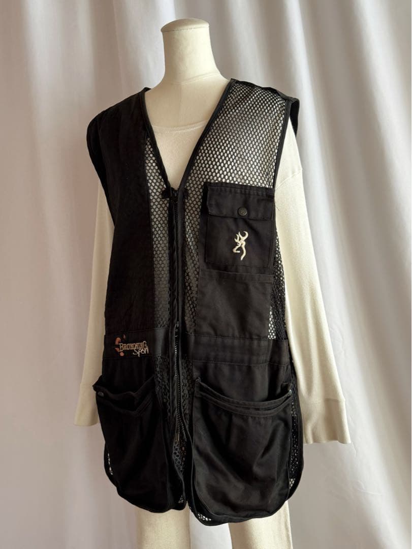 古着 ビンテージ 80s フィッシング ベスト黒 刺繍 XXL ミリタリー 希少