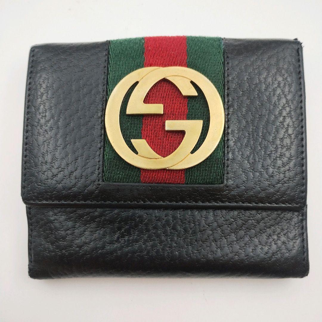 GUCCI 二つ折り財布 インターロッキング シェリーライン GG金具 黒 本革