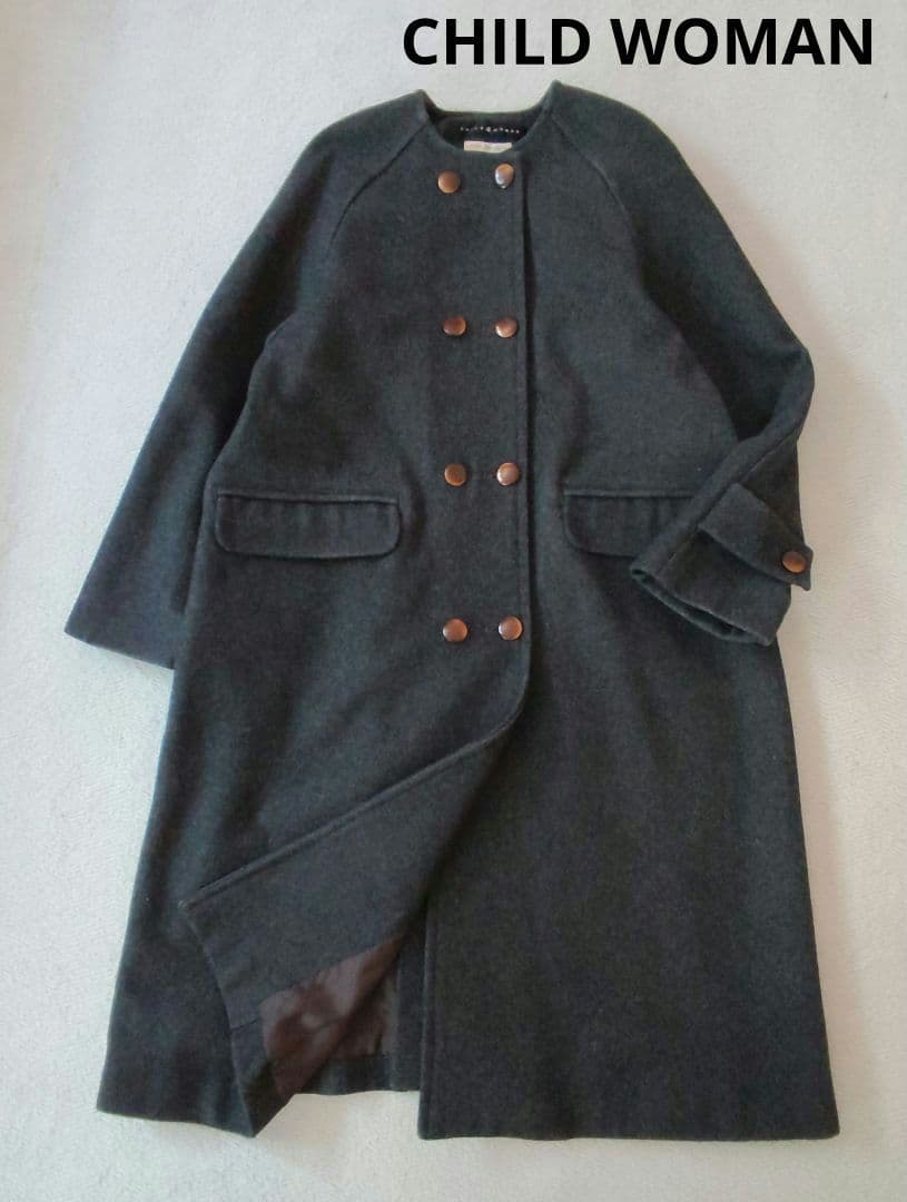 CHILD WOMAN メルトン ノーカラー ダブル ボタン ロング コート