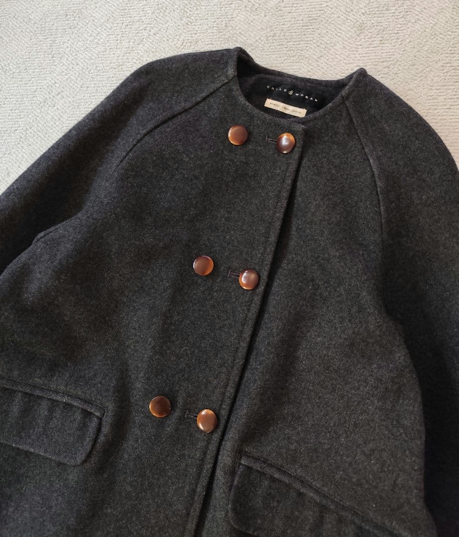 CHILD WOMAN メルトン ノーカラー ダブル ボタン ロング コート