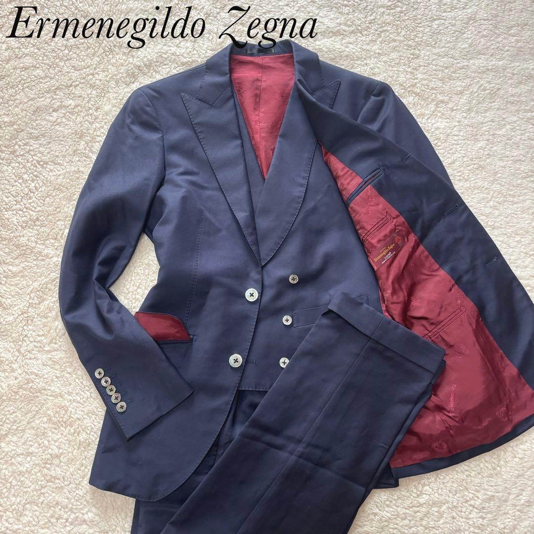 【高級】エルメネジルドゼニア スーツ スリーピース ネイビー M シェルボタン