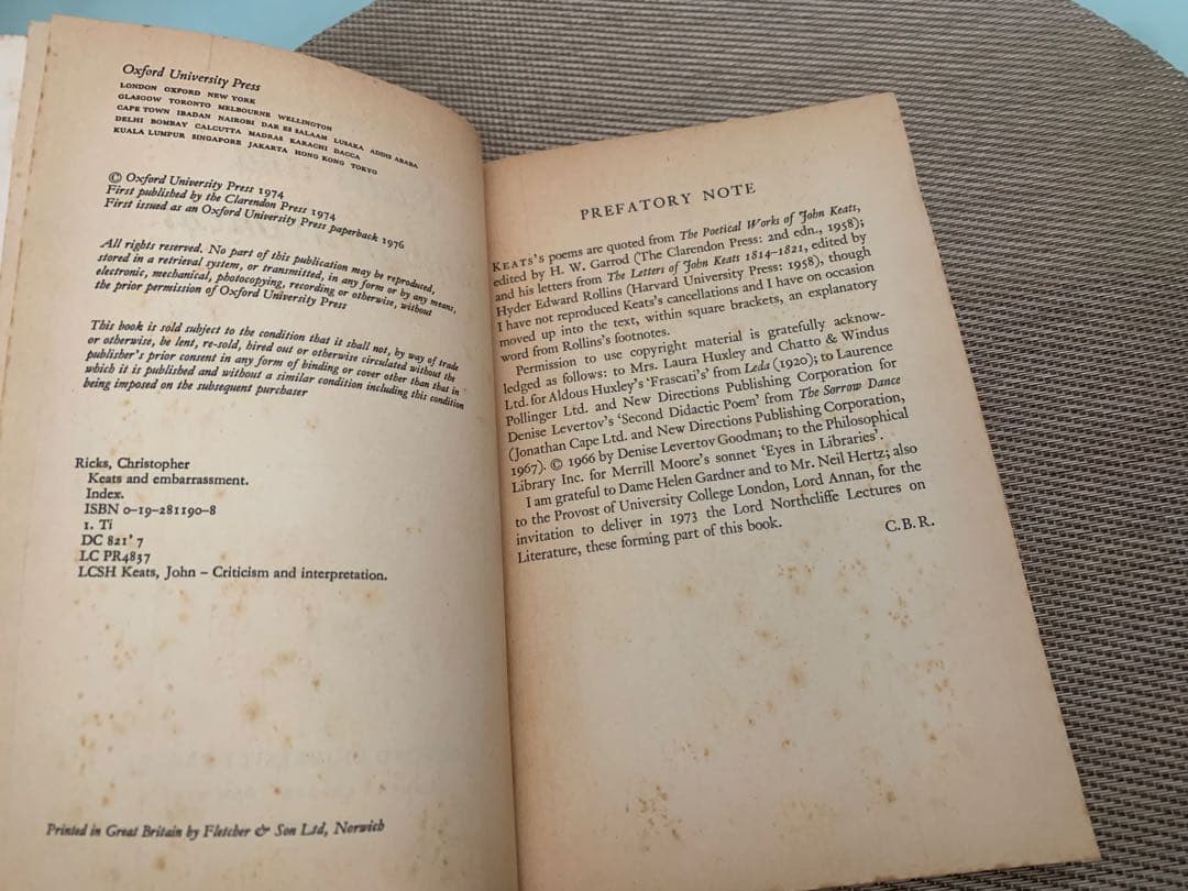 希少1974 KEATS AND EMBARRASSMENT