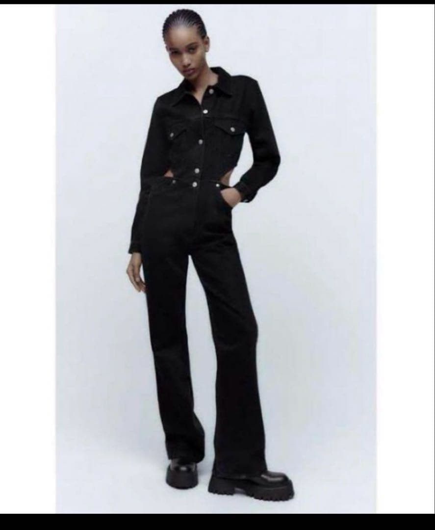 即完売品♡ザラ フルレングスカットアウトブラックデニムジャンプスーツ LL〜3L