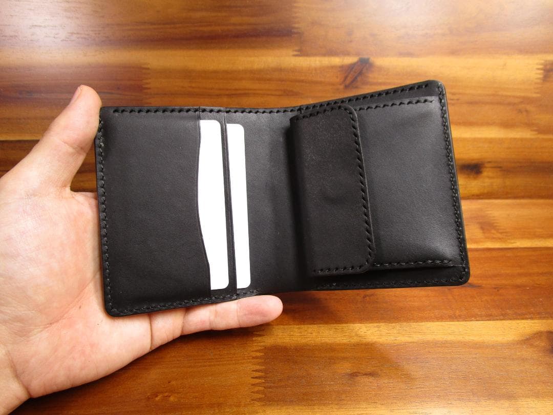 コンパクト財布 コードバン 二つ折り 日本製 ミニ財布 ミニマル ブラック 黒