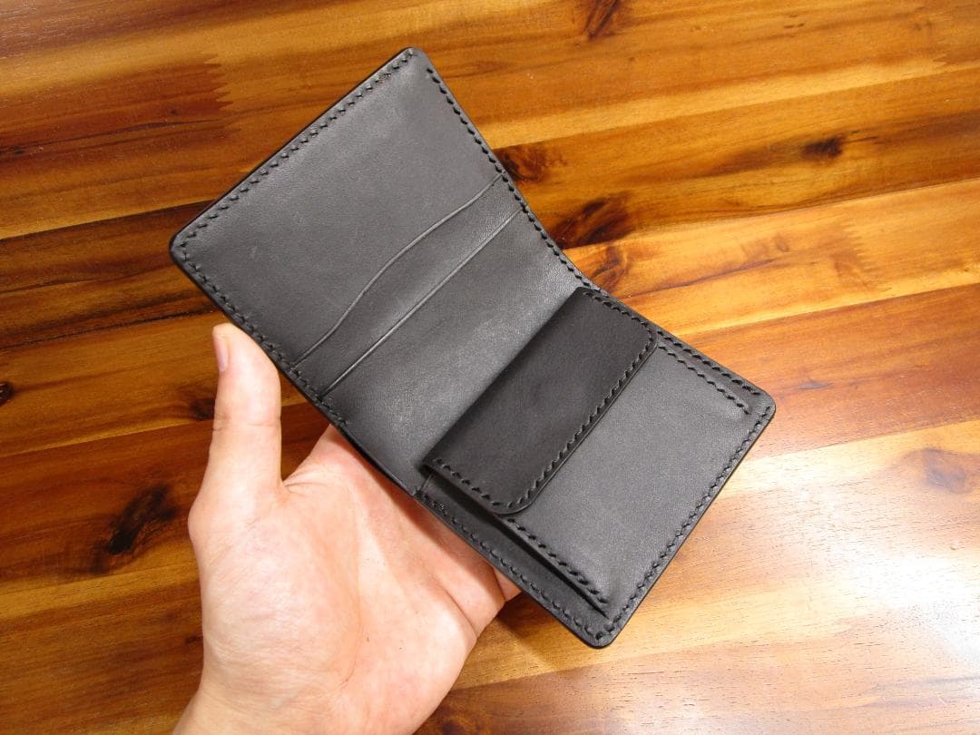 コンパクト財布 コードバン 二つ折り 日本製 ミニ財布 ミニマル ブラック 黒
