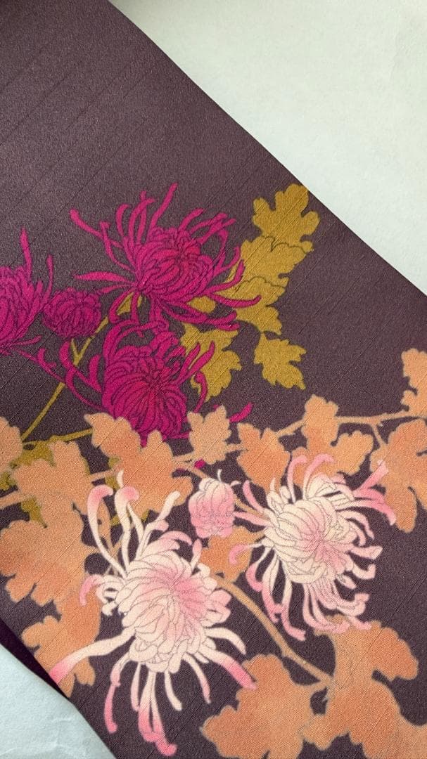 百葉堂リバーシブル名古屋帯 昼夜帯　和薔薇　葡萄酒色　紫色 バラ 菊 花柄