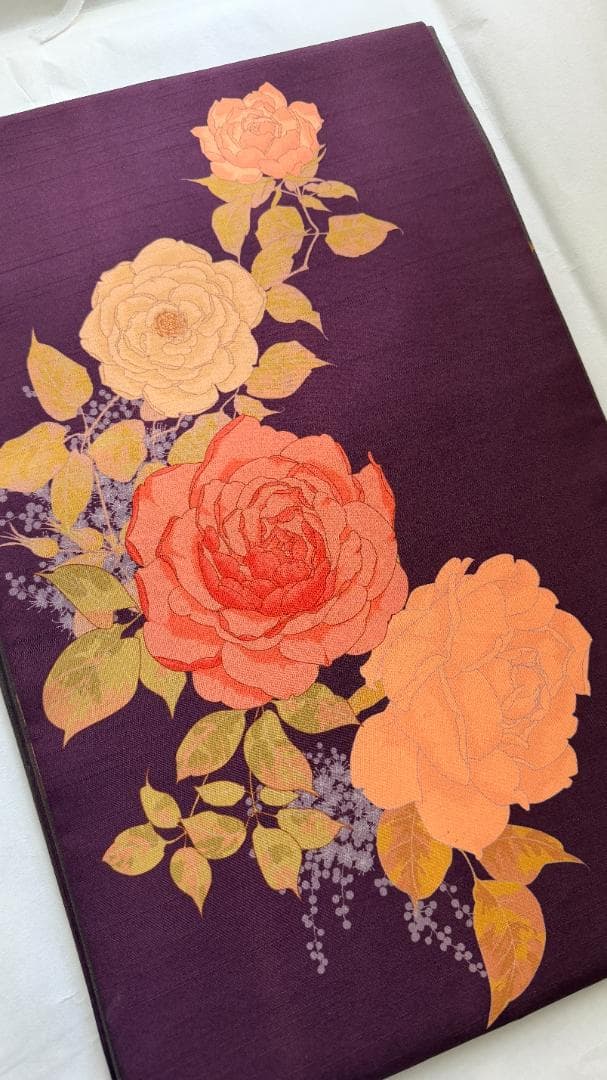 百葉堂リバーシブル名古屋帯 昼夜帯　和薔薇　葡萄酒色　紫色 バラ 菊 花柄