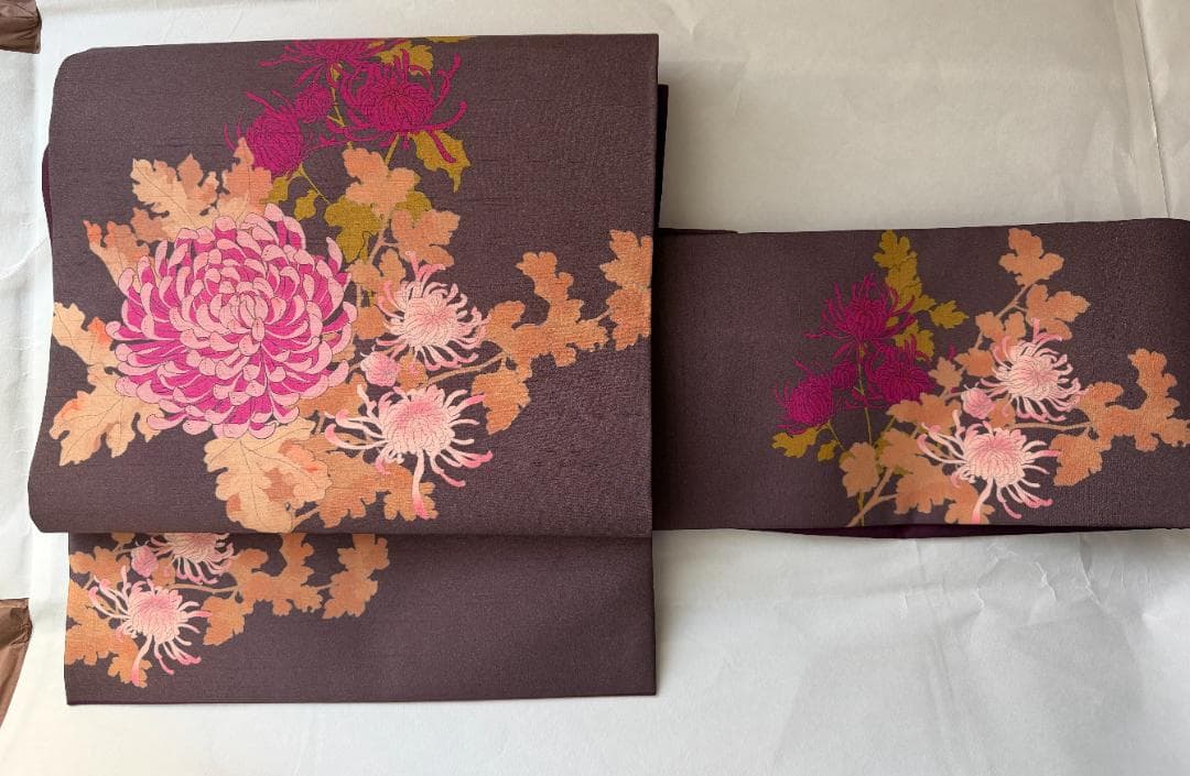 百葉堂リバーシブル名古屋帯 昼夜帯　和薔薇　葡萄酒色　紫色 バラ 菊 花柄