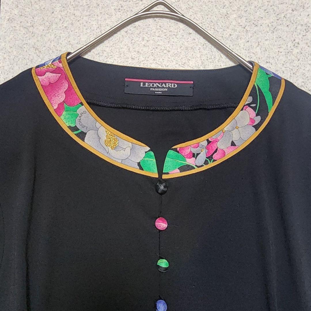 【大きいサイズL】レオナール カーディガン カンカン素材 トリム 花柄 黒