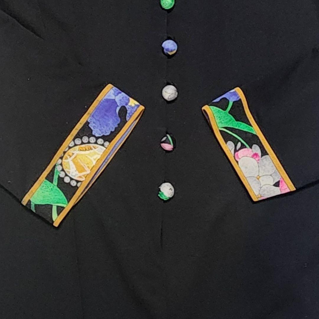 【大きいサイズL】レオナール カーディガン カンカン素材 トリム 花柄 黒