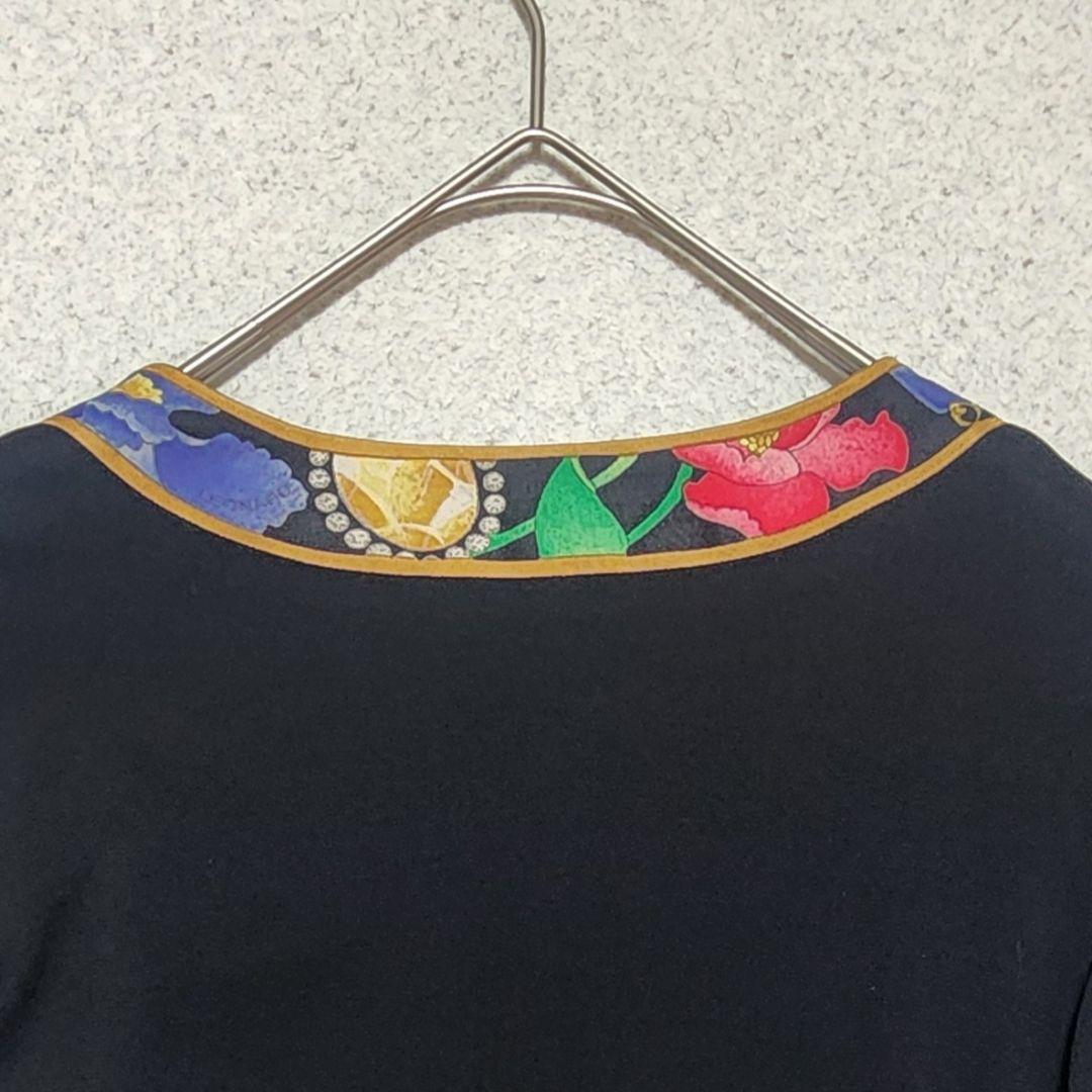 【大きいサイズL】レオナール カーディガン カンカン素材 トリム 花柄 黒