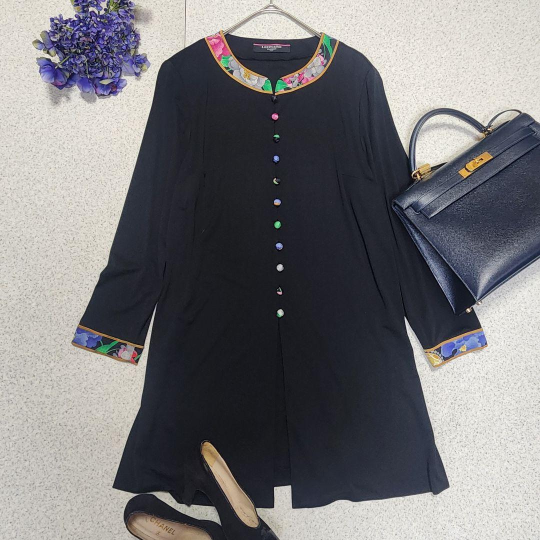 【大きいサイズL】レオナール カーディガン カンカン素材 トリム 花柄 黒