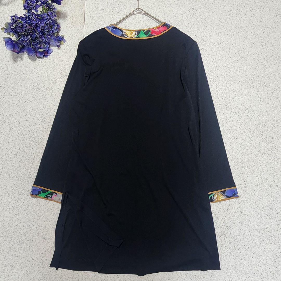 【大きいサイズL】レオナール カーディガン カンカン素材 トリム 花柄 黒