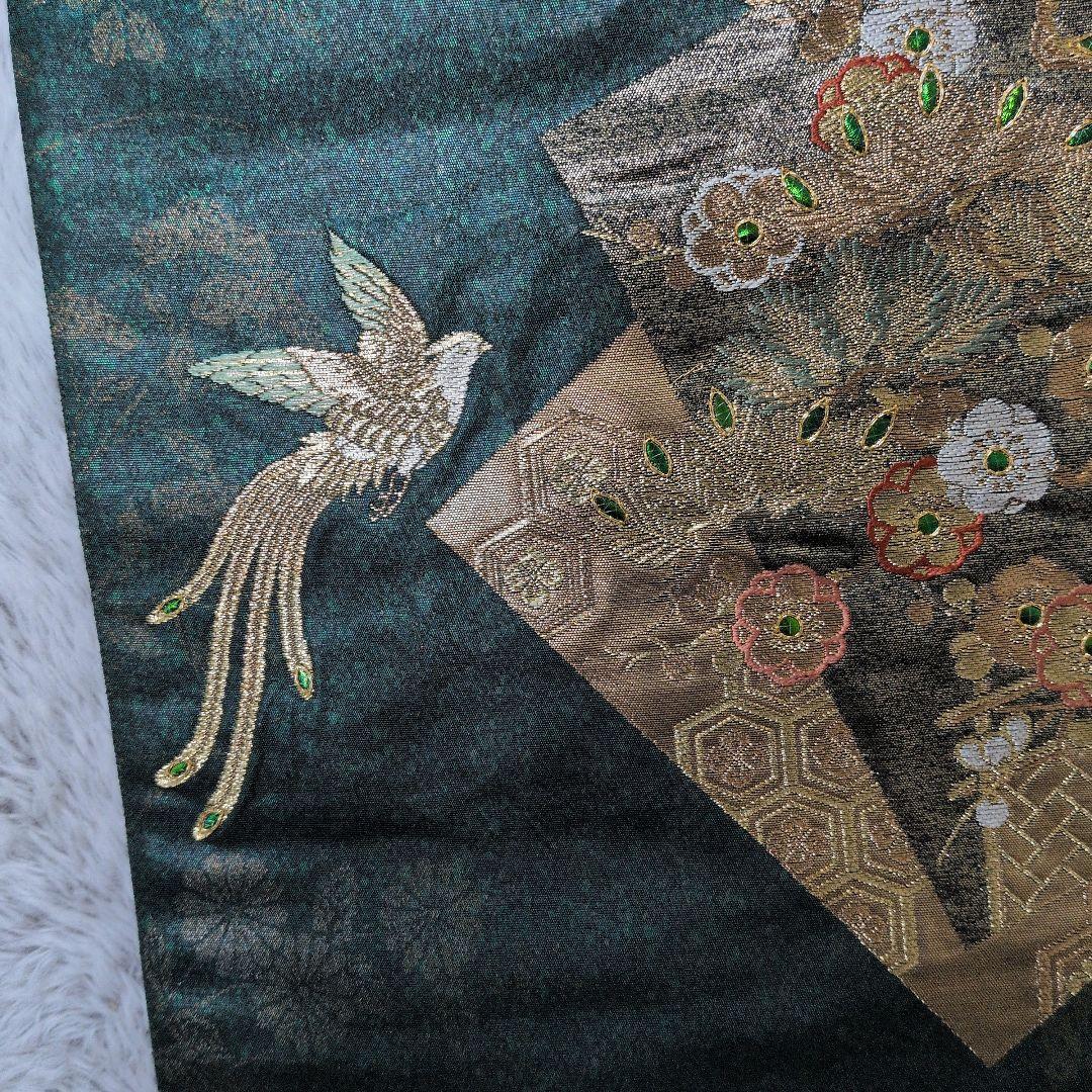 ♥美品♥金糸の花と鳥の刺繍が華やかな緑色の袋帯