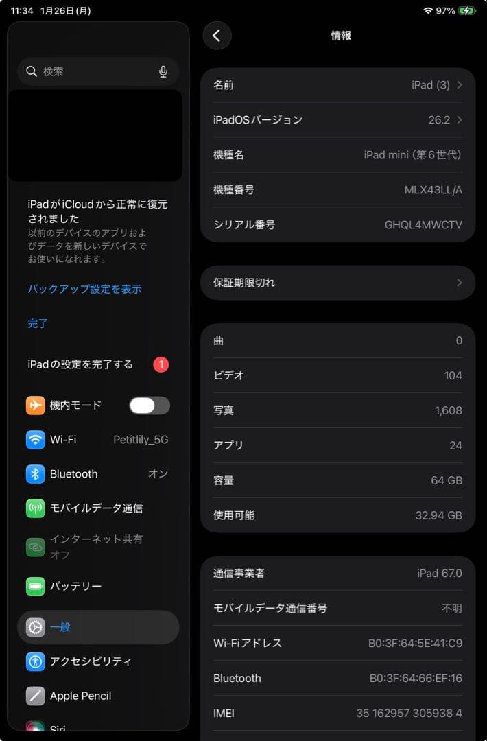 美品 バッテリー容量100% iPad mini 6世代 SIMフリー　ピンク