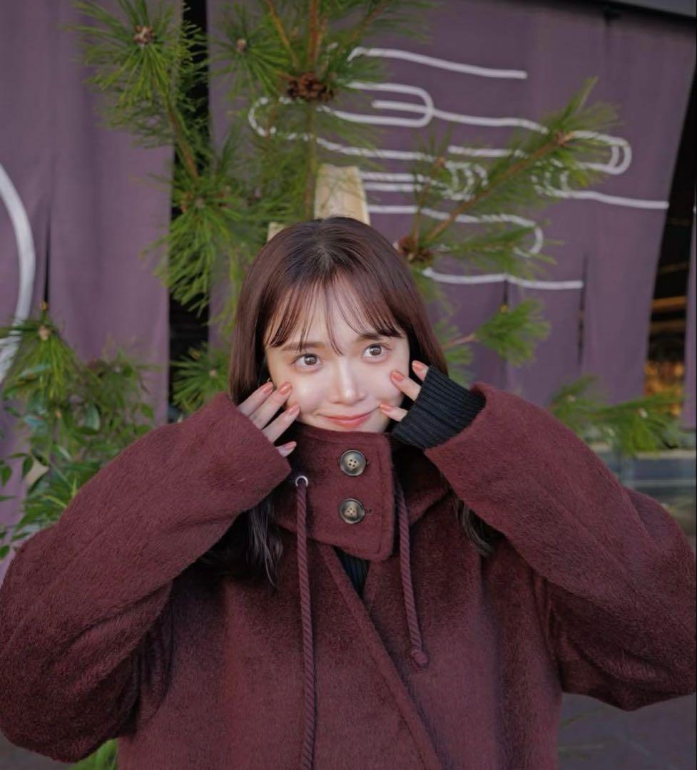 【新品未使用】pinue フード付きノーカラーコート BORDEAUX Sサイズ