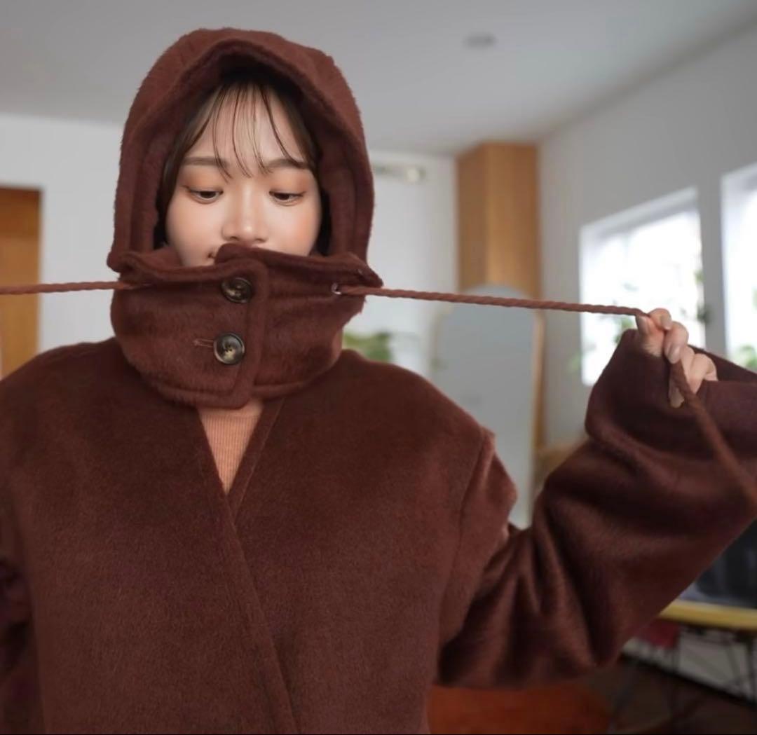 【新品未使用】pinue フード付きノーカラーコート BORDEAUX Sサイズ