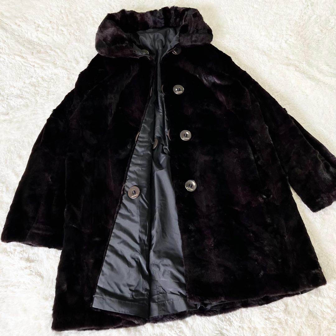 バルマン　シェアードミンク　リバーシブル　ロングコート　毛皮　ブラック　シルク