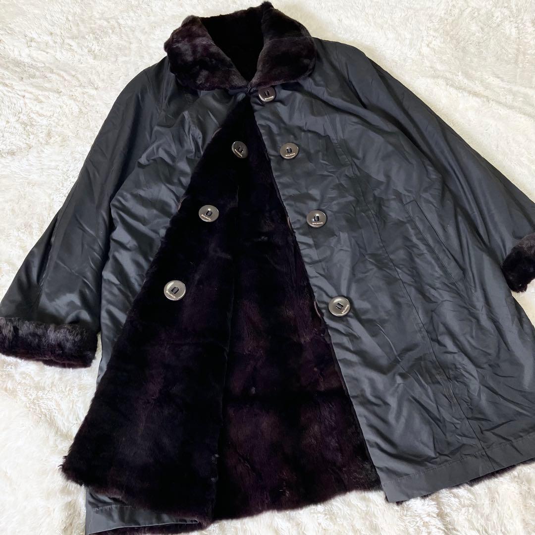 バルマン　シェアードミンク　リバーシブル　ロングコート　毛皮　ブラック　シルク