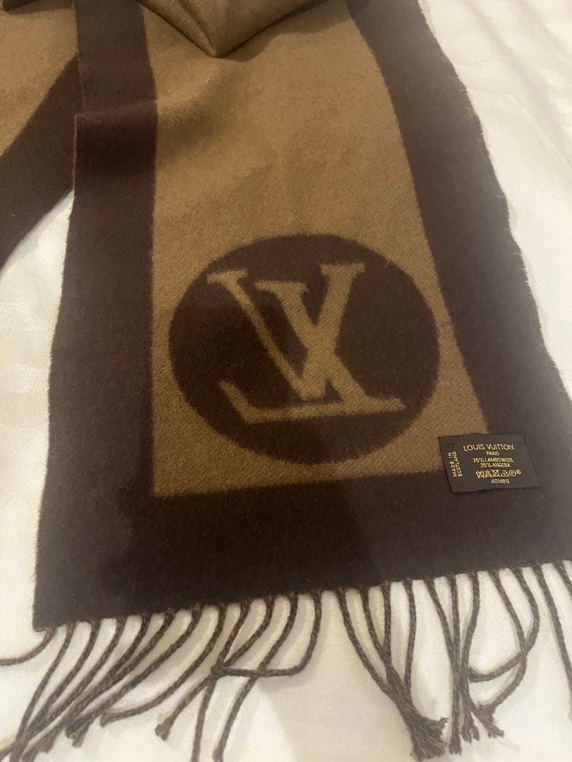 【美品】 ルイヴィトン マフラー エシャルプカーディフ LVロゴ ブラウン