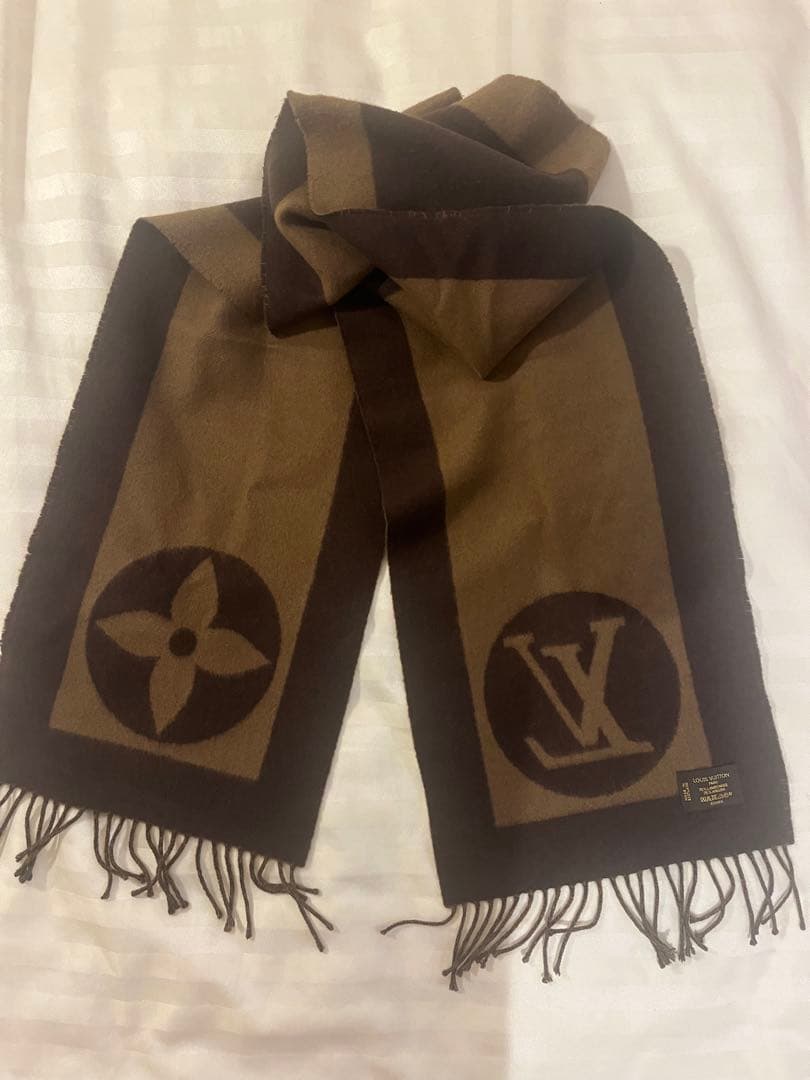 【美品】 ルイヴィトン マフラー エシャルプカーディフ LVロゴ ブラウン