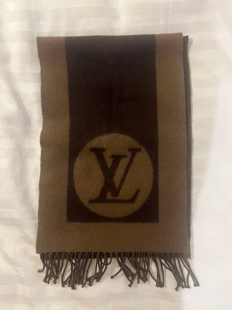 【美品】 ルイヴィトン マフラー エシャルプカーディフ LVロゴ ブラウン