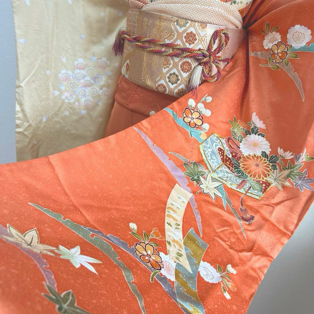 486 振袖フルセット 正絹 渋桃 クリーム 金彩 駒刺繍 暈し染め 長身さん