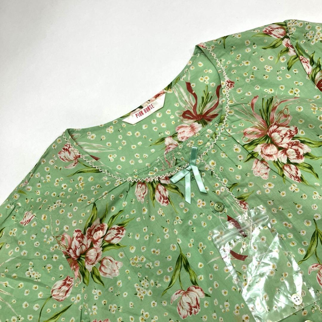 【美品】ピンクハウス ミントグリーン チューリップブーケ柄 チュニックブラウス