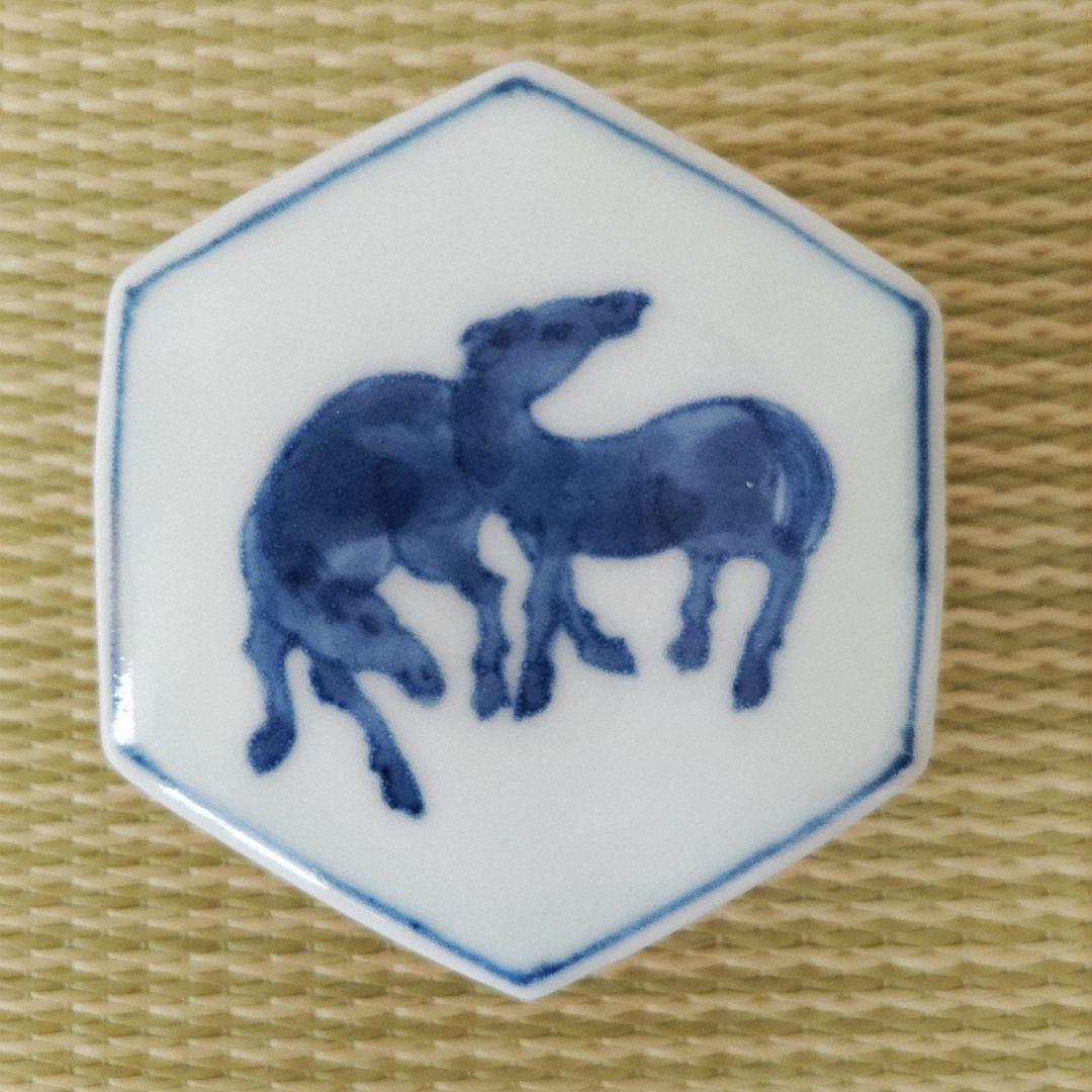 林邦佳　青花馬図六角香合　共箱　御物袋　茶道具　未使用　午香合