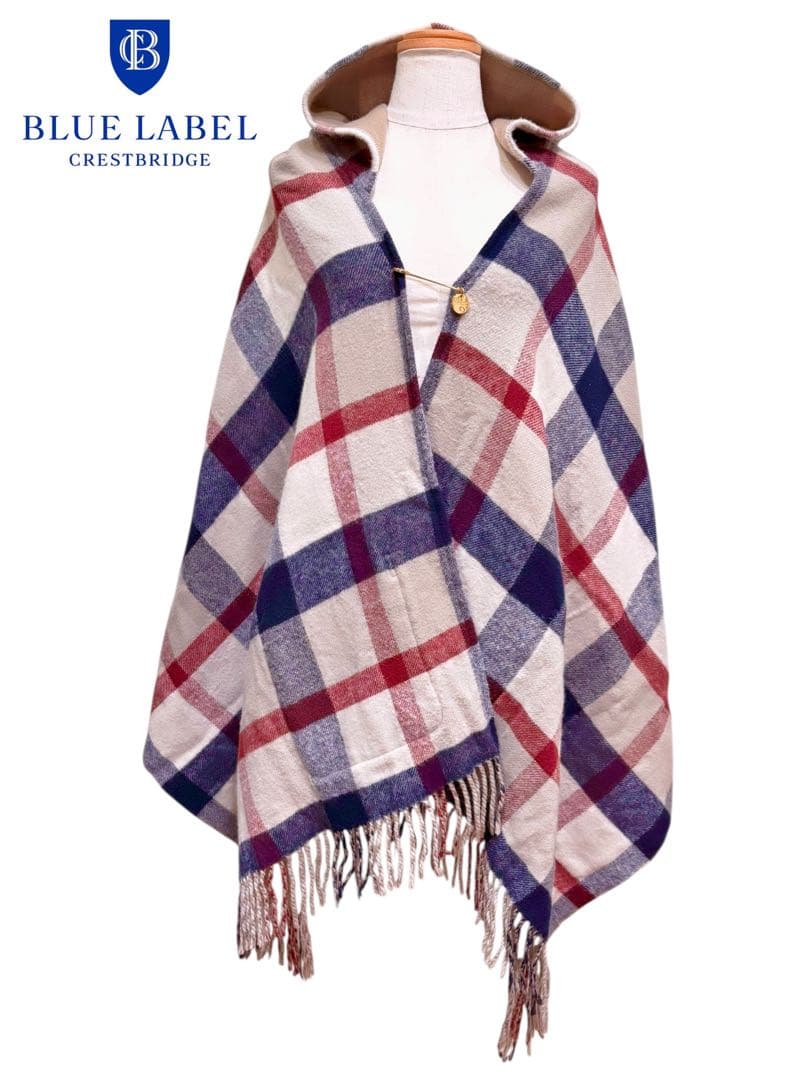 クレストブリッジ リバーシブル チェック フリンジ ポンチョ ウール ストール