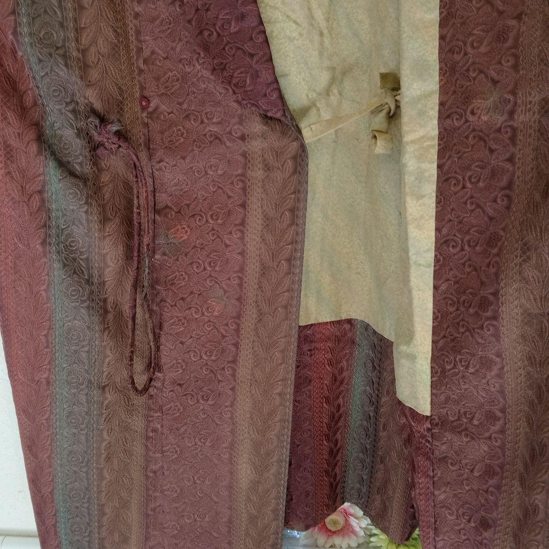 値下げ♡試着程度❣️老舗鈴乃屋　膨れ織　えんじ色系　縦柄道中着ロング丈裄…68㌢