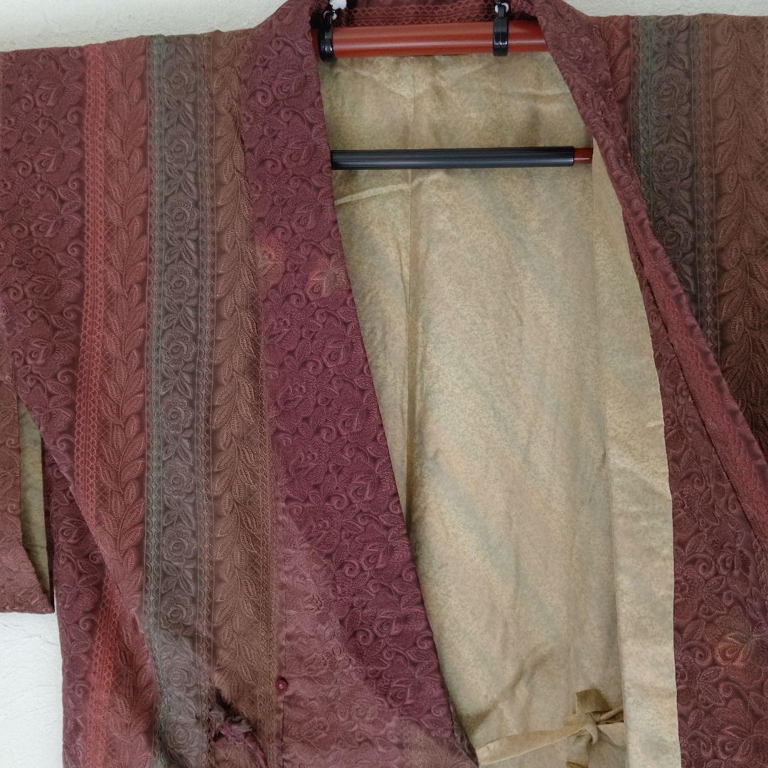 値下げ♡試着程度❣️老舗鈴乃屋　膨れ織　えんじ色系　縦柄道中着ロング丈裄…68㌢