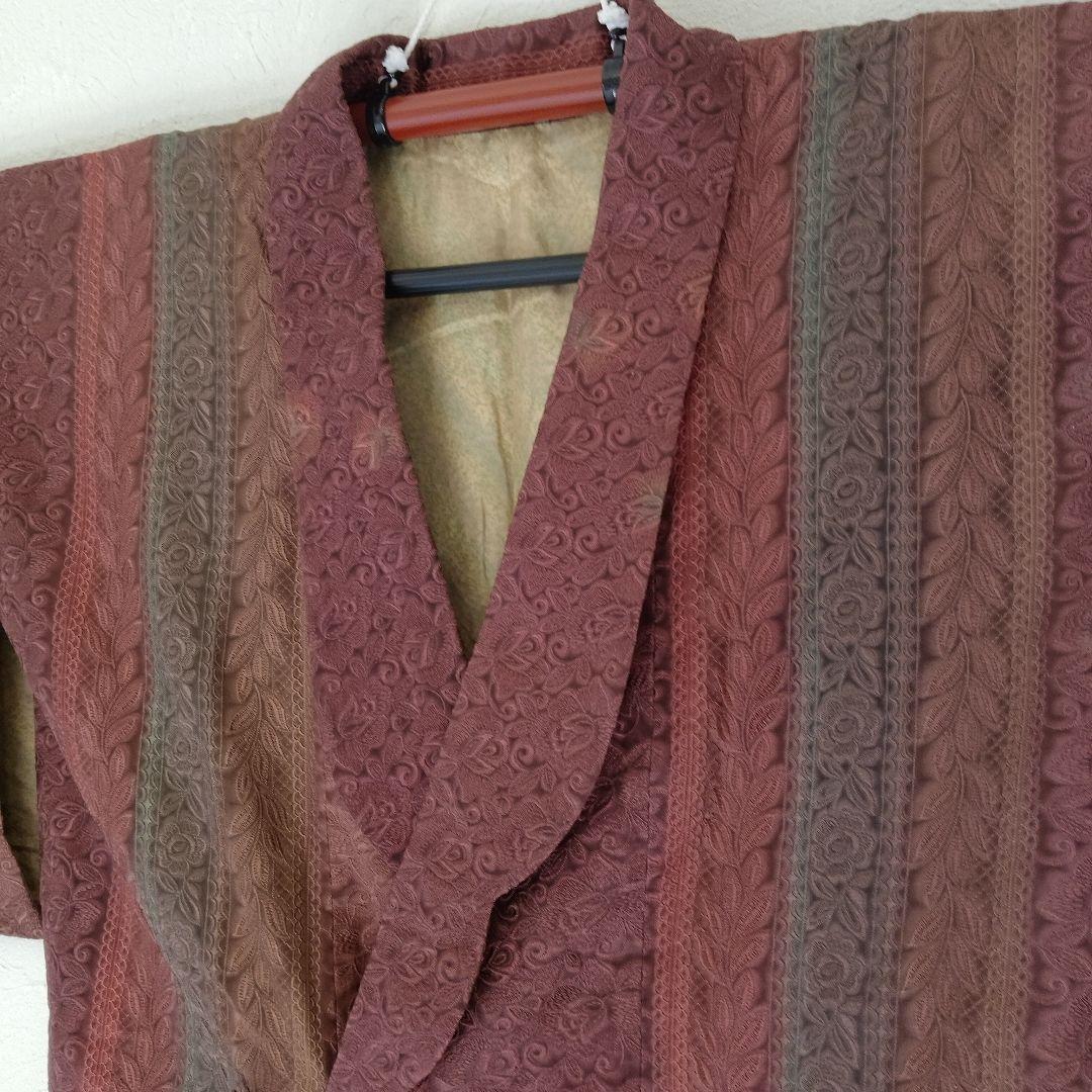値下げ♡試着程度❣️老舗鈴乃屋　膨れ織　えんじ色系　縦柄道中着ロング丈裄…68㌢