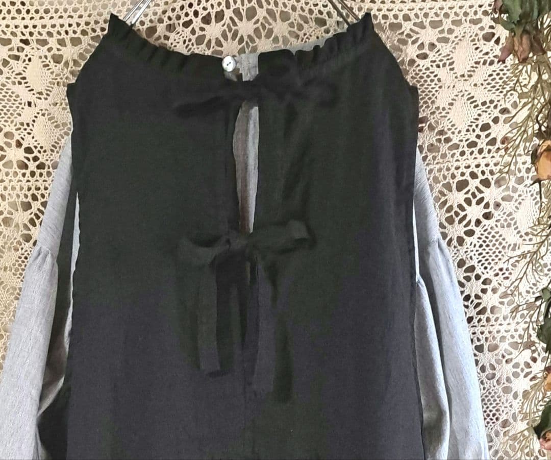 フレンチリネン両サイドリボン2wayギャザーエプロンドレス