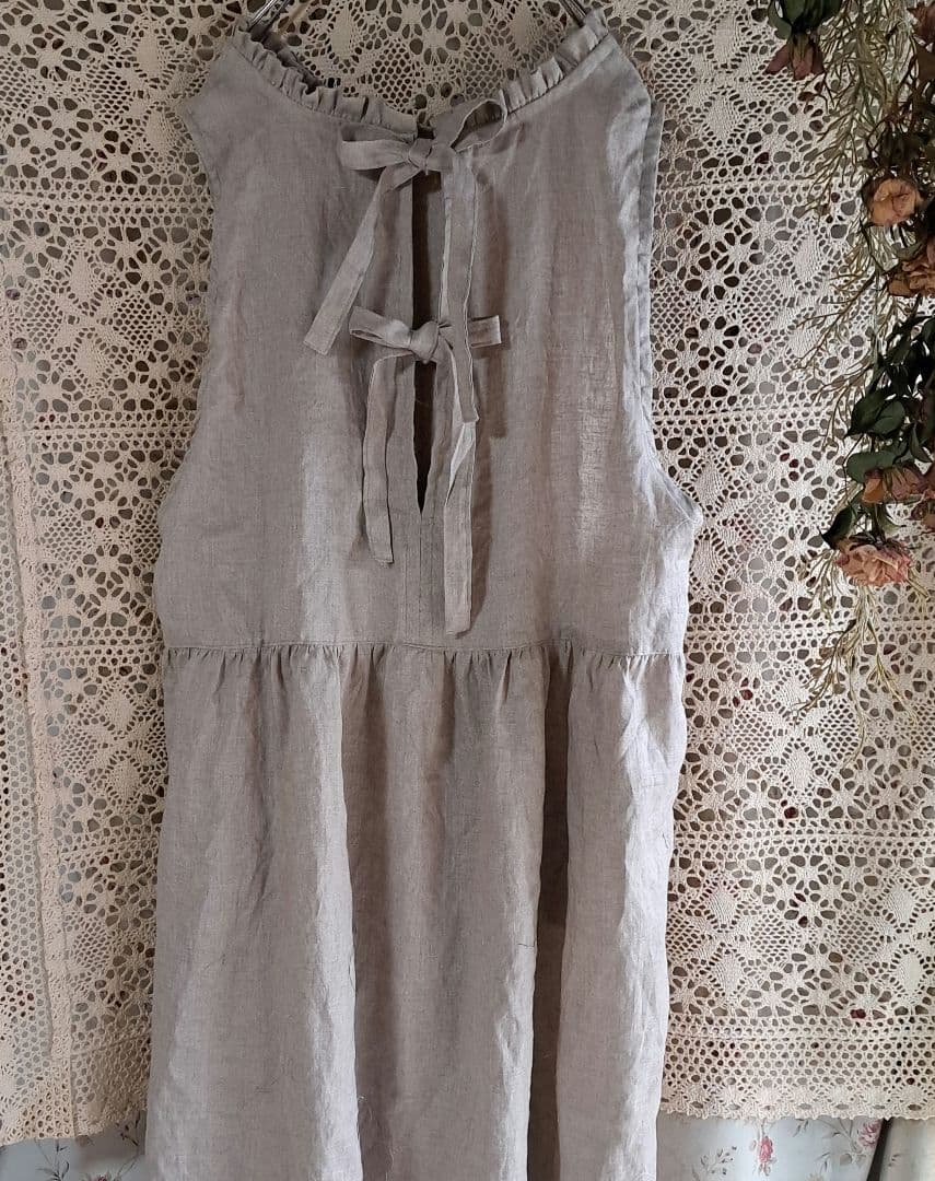 フレンチリネン両サイドリボン2wayギャザーエプロンドレス