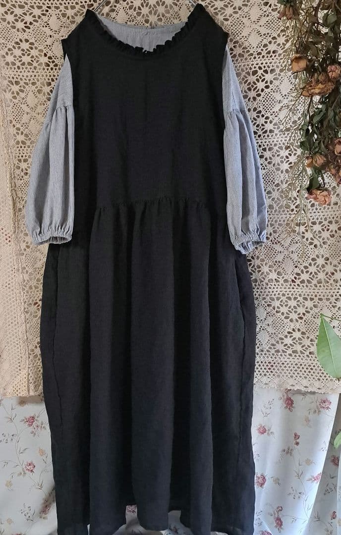 フレンチリネン両サイドリボン2wayギャザーエプロンドレス